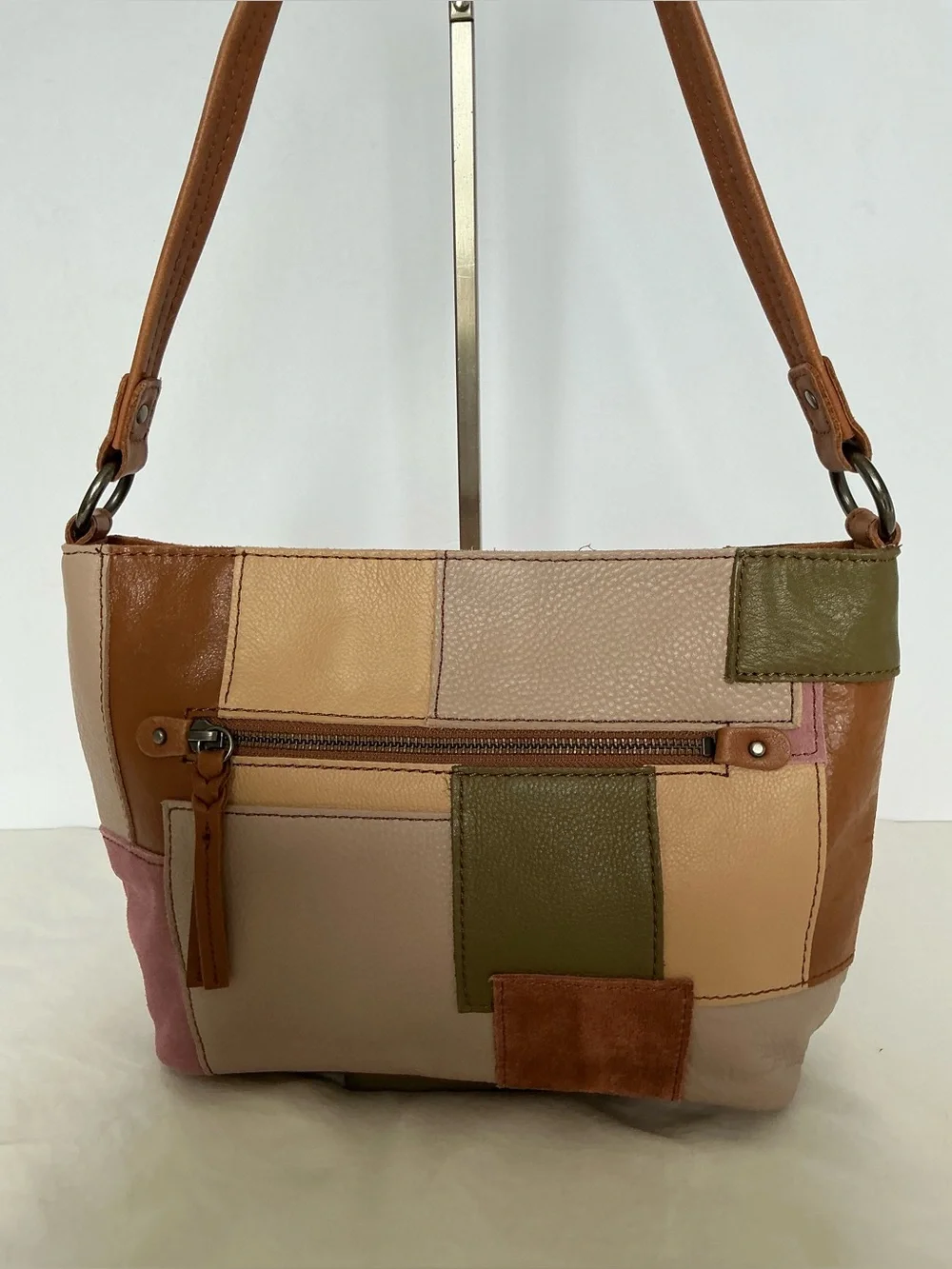 The Sak Leather Suede Patchwork Shoulder Bag -Tan, Beige, Olive & Pink